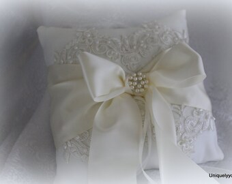Ring Bearer Pillow Alencon Lace Applique-, Pearls, Sequins, Satin Ribbons