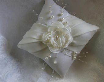 MINI- 7 x 7" Ivory Ring Bearer Pillow-Satin Singed Ivory Rose-Only 1 Available