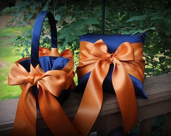 Elegant-Navy Flower Girl Basket/Ring Bearer Pillow Burnt Orange/Ginger/Bows-Age 2-4