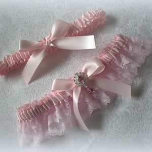 Powder Pink/Light Pink and Lace Garter Set-Includes Toss Garter- Pink Rhinestone Accent-Custom Ribbon/Lace Colors