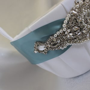 White Flower Girl Basket -Nile Blue/Mist/Green Blue/Deep Sea Ribbon-Large Rhinestone and Pearl Applique-Age 7+