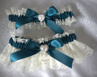 White or Ivory Lace and Teal Garters-Pearl Heart with Teardrop