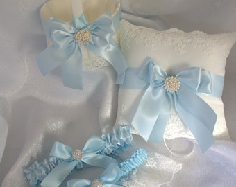 Ivory Flower Girl Basket/Pillow-With Delicate Embroidered Lace Light Blue Satin Ribbon Pearl Rhinestone Bling-Custom Colors-Age 4-7