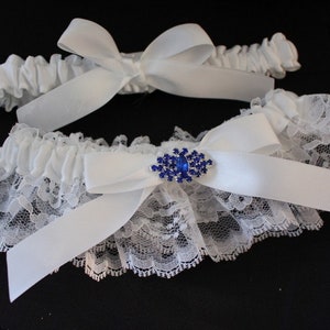 Romantic White Lace Garter Set with Bows and Bling- Includes Toss Garter-Satin Bows Rhinestone Embellishment-Blue or Clear Accents