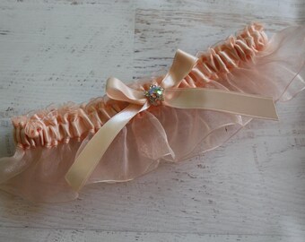 Wedding/Prom Garter Rose Petal Peach Blush Satin and Organza Garter-with AB Rhinestone Embellishment-Satin Toss Garter Available