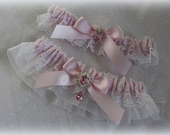 Plus Size-White Lace or Ivory/ Organza and Pale Pink Satin Garter Set with Bows and Pink Rhinestone Embellishment