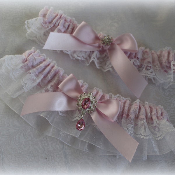 White/Ivory Lace/ Organza and Pale Pink Satin Garter with Bows and Pink Rhinestone Embellishment-U Pick Garters Needed