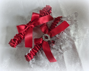 White/Ivory/Black/Gray/Red Lace Garter-Red Satin and Antique Silver Accent with Red Crystal Brooch with Dangling Red Teardrop/ Wedding/Prom