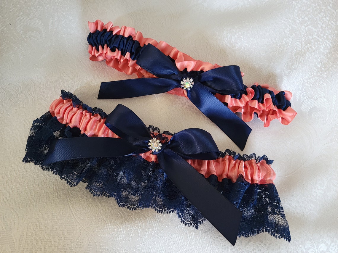 Light Coral with Navy Blue Lace Garter Set-Includes Toss image 1