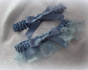 French Blue/Dusty Blue/Blue with Light Blue Lace Garter Set-No Bling