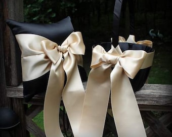 Black/Navy/Ivory/ White Flower Girl Basket/Ring Bearer Pillow-With Deluxe Champagne Swiss Satin Ribbons,- Age 4-7