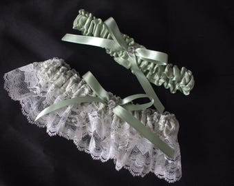 White or Ivory Lace and Green Satin Garter Set/Bows -Swarovski Crystals-3"Lace, 2" Lace Garter, 1" Satin-You Pick