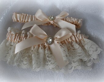 Beige Lace and Nude/Beige Satin Garter Set-Choice of 3 Different Bling