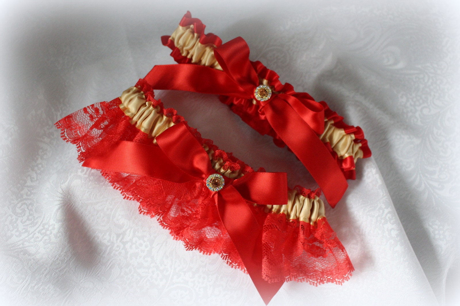 Wedding Garter-Gold Satin with Red Lace Gold Rhinestone Accent- You…