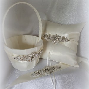 Elegant-Black,White,Ivory, Navy Flower Girl Basket/Ring Bearer Pillow- Ribbon Rhinestone Applique-Age 4-7