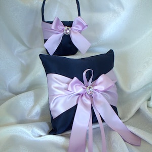 Navy, White, Black or Ivory Flower Girl Basket Light Orchid/Lavender Satin Ribbon with Navy Crystal and Orchid Rhinestone Bling-Age 4-7