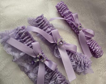 Lavender, White or Ivory Lace and Lavender Satin Garter Set/Bows -3"Lace, 2" Lace or 1 " Satin Toss Garter