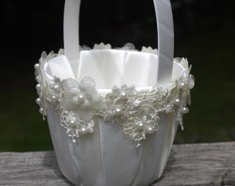 Ivory/White Flower Girl Basket/Pillow-Embroidered Lace Trim with Pearl Embellishment-Age 4-7