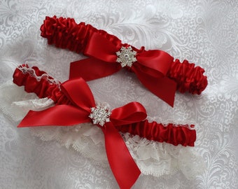 Christmas Garter/Winter Garter-Red Satin-White Lace More Satin and Lace Colors Available- Snowflake Rhinestone Accent-Custom Colors