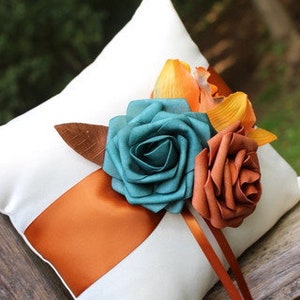 White or Ivory Flower Ring Bearer Pillow with Copper/Burnt Orange Satin and Teal, Burnt Orange, Terracotta Faux Roses, Copper Leaves image 2