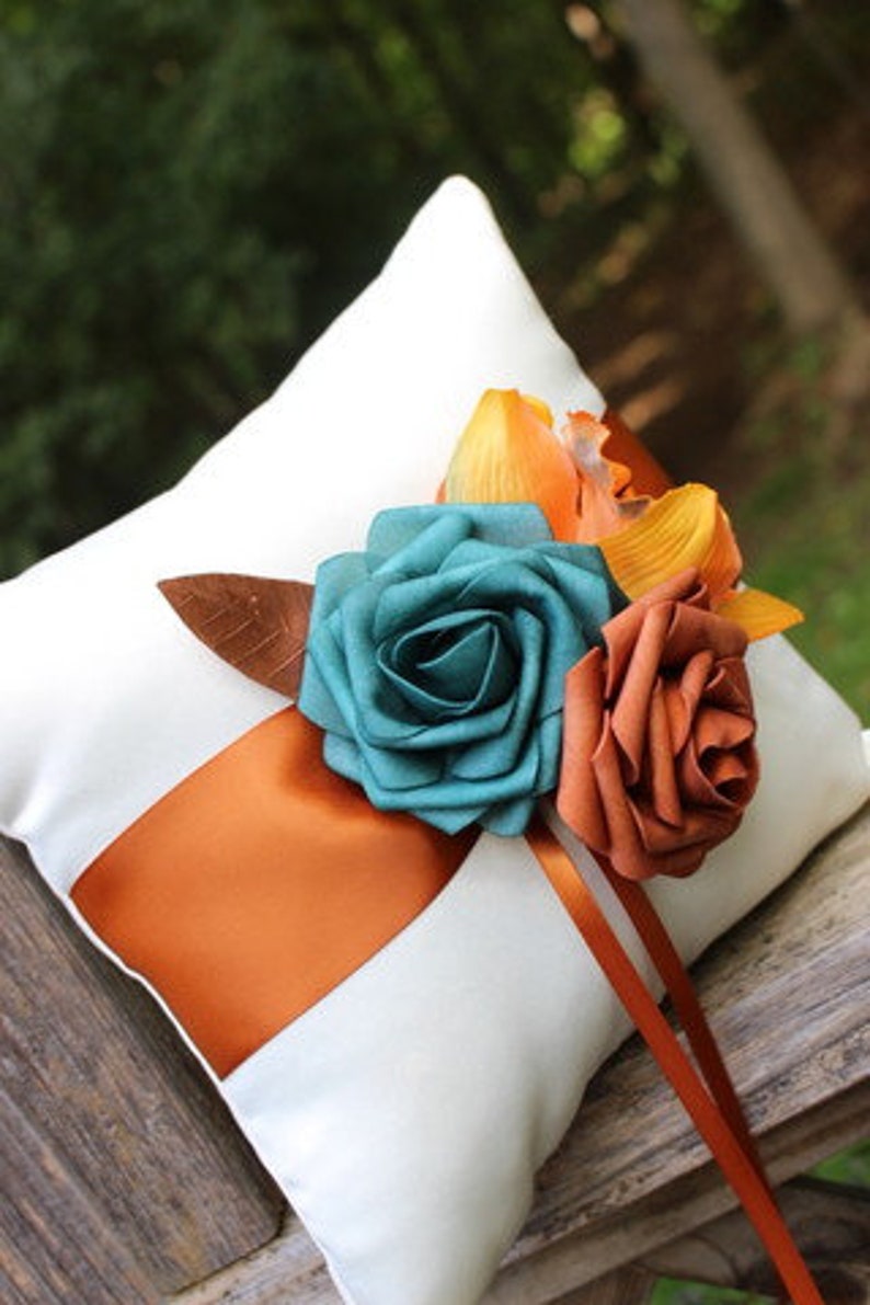 White or Ivory Flower Ring Bearer Pillow with Copper/Burnt Orange Satin and Teal, Burnt Orange, Terracotta Faux Roses, Copper Leaves image 2