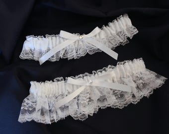 White or Ivory Lace and Satin  Garter Set/Bows -Swarovski Crystals-3"Lace, 2" Lace Garter, 1" Satin-You Pick