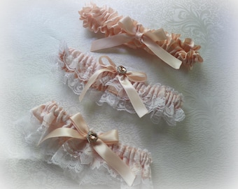 White or Ivory Lace and Rose Petal/Peach Blush Satin Garter Set/Bows -3"Lace, 2" Lace or 1 1/2" Satin Toss Garter-Choice of 2 Bling Accent