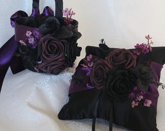 Gothic Wedding Flower Girl Basket and Ring Bearer Pillow, Black Plum Roses-Age 4-7/Age 7+/XL-Age 8+