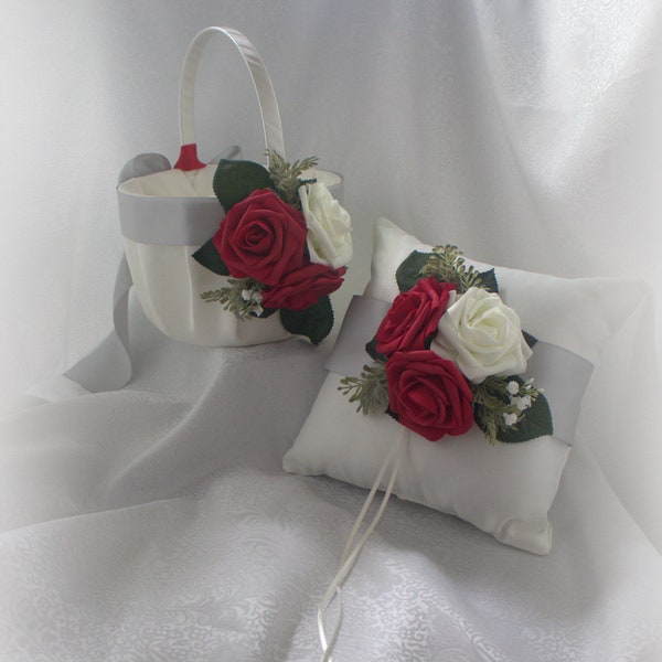 XL White/Ivory Flower Girl Basket/Ring Pillow-Winter/Christmas/Valentine-Wedding Silver Satin Red/White/Ivory Rose-Winter Greenery-Age 10+