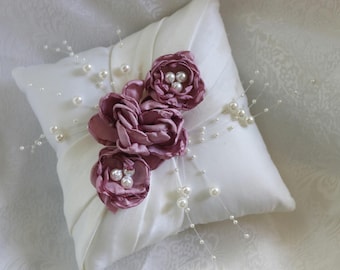 MINI- 7 x 7" Ivory Ring Bearer Pillow-Satin Singed Flowers with Pearls