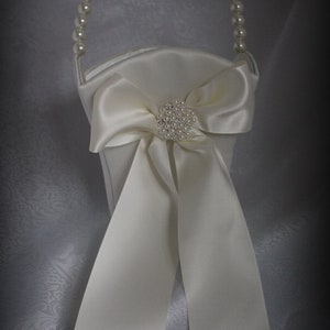Ivory Flower Girl Basket with Pearl Handle, Round Pearl and Rhinestone Cluster Accent-Age 4-7-Custom Ribbon Colors