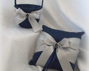 Navy/Black/Ivory and Silver/Gray Flower Girl Basket/Matching Ring Bearer Pillow Option-Age 8+ to Adult