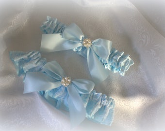 Light Blue Satin and White or Ivory Lace Garter/Wedding/Prom