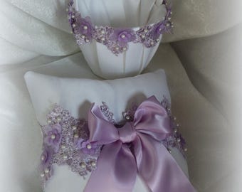 Ivory/White Flower Girl Basket/ Ring Bearer Pillow-Embroidered Lavender Lace Trim with Pearl Embellishment-Age 4-7