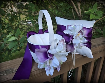 White, Ivory or Black Flower Girl Basket/Pillow-Plum Shades of Calla Lilies, and Soft White Cymbidium Orchids 3 size Baskets Available