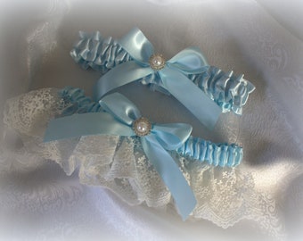 Off White- Embroidered Lace Garter Set, Light Blue Sating Toss Garter-Satin Bows, Pearl Rhinestone Embellishments