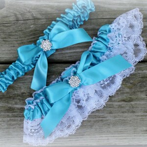 Malibu Blue Deluxe Ribbon and White or Ivory Lace Garter Set/Rhinestone Bling-Includes Toss Garter