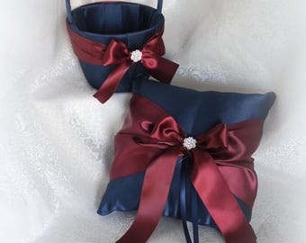Navy Flower Girl Basket/Ring Bearer Pillow-Burgundy Ribbons, Rhinestone Bling-Custom Ribbon Colors-U-Pick Pieces- Shown for Age to 4-7