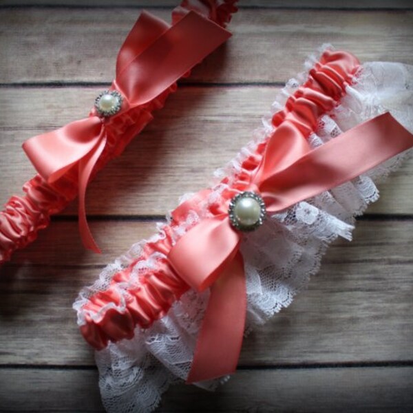 Light Coral Satin and White/Ivory/White/Black/Navy/Gray Lace Garter Set-Includes Toss Garter-Round Pearls-Custom Colors Available