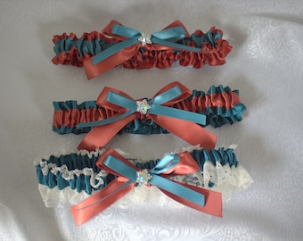 CREATE YOUR GARTER-White/Ivory Lace with Teal and Rust Satin