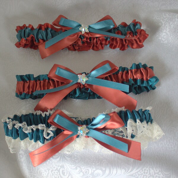 CREATE YOUR GARTER-White/Ivory Lace with Teal and Rust Satin