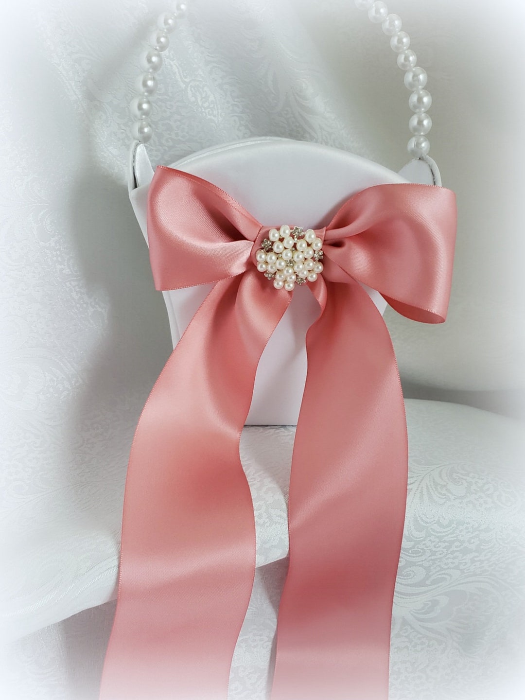 Ivory or White Flower Girl Basket Pearl Handle, Dusty Rose Satin