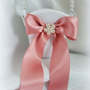 Ivory or White Flower Girl Basket Pearl Handle, Dusty Rose Satin Ribbons, Pearl and Rhinestone Cluster Accent-Age 4-7-Custom Ribbon Colors