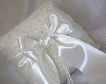 White/Ivory Ring Bearer Pillow/Delicate Sequin Pearl Lace Accent with Deluxe Satin Ribbons in Off White-Custom Ribbon Colors Available
