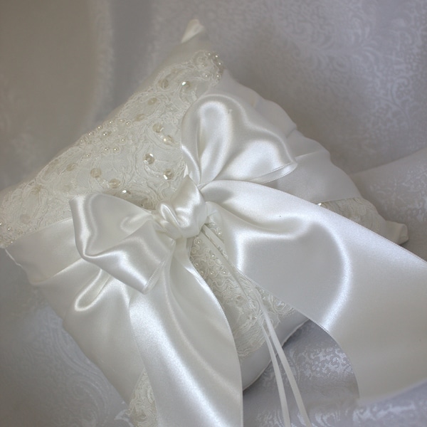 White/Ivory Ring Bearer Pillow/Delicate Sequin Pearl Lace Accent with Deluxe Satin Ribbons in Off White-Custom Ribbon Colors Available