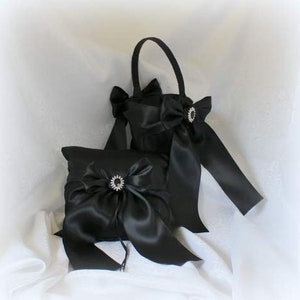 Black Satin Flower Girl Basket/with Black Satin Sash and Bow - Black Rhinestone Accents-Age 4-7