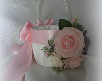 Ivory/White Satin Flower Girl Basket/Light Pink Satin Ribbons/Light Pink and Chocolate Brown Faux Roses-3 Size Baskets-Age 3-5,4-7, 7+