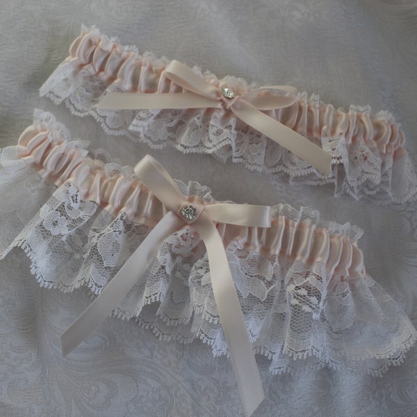 White or Ivory Lace and Blush Satin Garter Set/Bows -Swarovski Crystals-Lace or All Satin Toss Garter