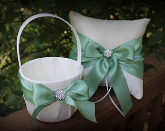 White/Ivory Flower Girl Basket and Ring Bearer Pillow-Sage Satin Ribbons and Rhinestone Bling-Custom Ribbon Colors- U-Pick Pieces-Age to 5