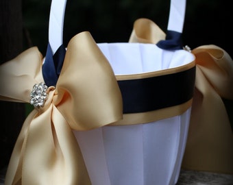 White or Ivory Flower Girl Basket-Champagne/Raw Silk and Navy with Rhinestone Accent-Custom Ribbon Colors Available-Age to 4